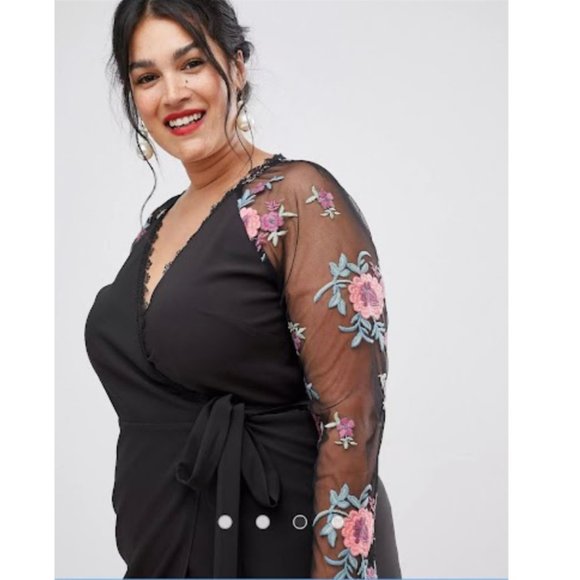 Little Mistress Plus Wrapover Pencil Dress With Embroidered Sleeve Detail - Picture 3 of 8